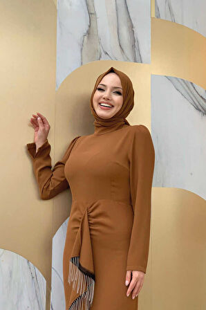 Ön Zincir Püskül Detay Balık Model Abiye Elbise 3810 Taba