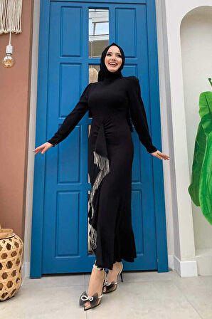 Ön Zincir Püskül Detay Balık Model Abiye Elbise 3810 Siyah