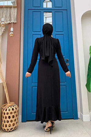 Ön Zincir Püskül Detay Balık Model Abiye Elbise 3810 Siyah