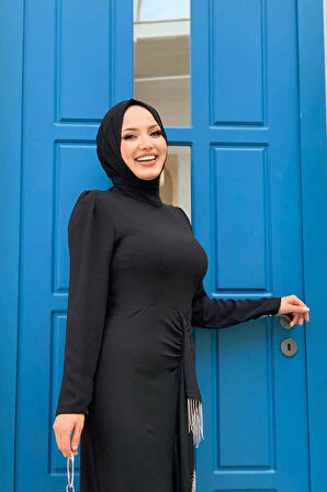 Ön Zincir Püskül Detay Balık Model Abiye Elbise 3810 Siyah