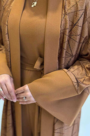 Dantel Abaya Bel Kuşaklı Cep Detaylı Tulum Takım 3782 Taba