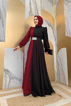 İki Renkli Şifon Bel Kemer Aksesuarlı Abiye Elbise 3806 Bordo