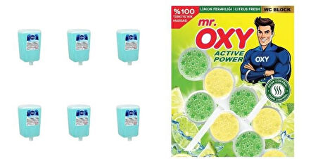 Oxy Köpük El Sabunu Yedek Kartuş 1 Lt * 6 Adet ( Mr. Oxy Klozet Wc Blok Limon Ferahlığı 2*50gr Hediyeli )