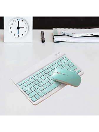 Ozaki Kablosuz Bluetooth Şarjlı Tablet Telefon Pc Uyumlu Klavye Mouse Seti Ultra İnce Taşınabilir Mavi Renk