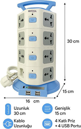 OZAKİ Evrensel 16 Girişli Kule Tipi Dönüştürücü Priz Adaptörü, 4000W, Tip G & Tip C Uyumlu, ABD, AB, U.K Uyumlu