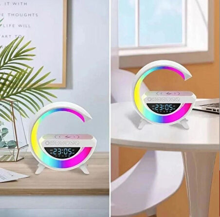 Helios HS 5214 Bluetooth Hoparlör - FM Radyo - Kablosuz Telefon Şarj Ünitesi - Dijital Saat RGB Masa Lambası 