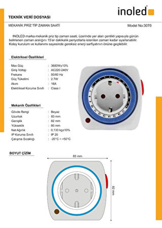 İnoled 3070 Mekanik Priz Tip Zaman Saati