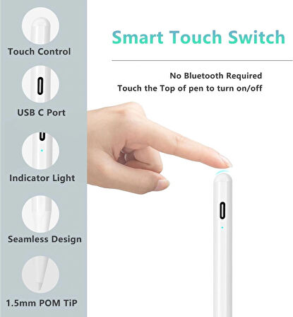 Ozaki iPad için Stylus Kalem 2024-2018, Palm Rejection/Hızlı Şarj Özellikli Kalem