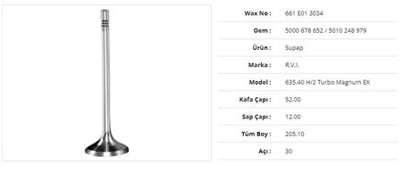 Renault Truck Subap Egzoz Renault 635.40 H/2 Turbo Magnum 52kx12sx205,1bx30a (6adet) - Wax 661 E01 3034