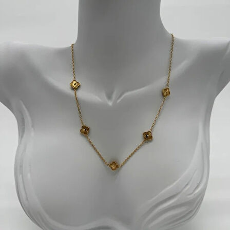 Çelik Gold Yonca Detalı Trend Kolye - Gold