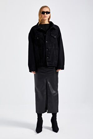 Kadın Siyah Black Od Renk Oversize %100 Koton Denim Ceket