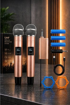 Jrl Wn-11 Profesyonel Çiftli Kablosuz El Mikrofonu Seti - UHF Bandı Şarj Edilebilir Alıcılı - Rose Gold