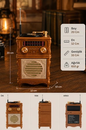 Feexot FX-2502B Retro Nostaljik Radyo - Bluetooth Hoparlör, USB, TF Kart, AUX Girişli Şarjlı Radyo 