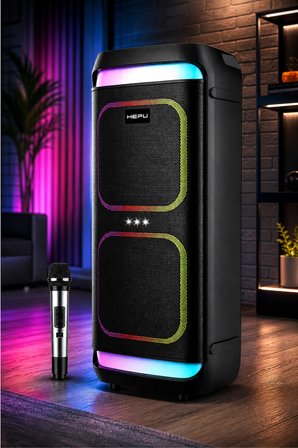 Hepu HP-986 24W Taşınabilir Partybox Hoparlör - Çift 8" Speaker Işıklı, Mikrofonlu, TWS Destekli Ses Sistemi