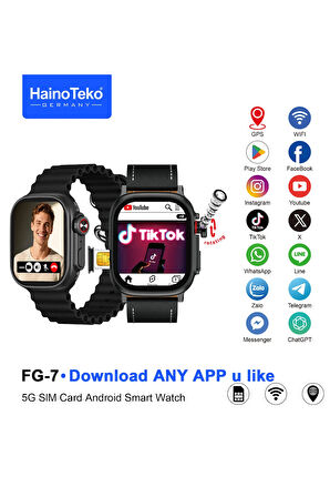 HainoTeko FG-7 Gümüş 5G Sim Kartlı Full Android Akıllı Saat GPS Wi-Fi Kameralı + Deri ve Silikon Kordon