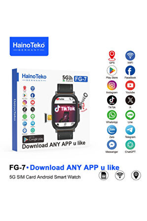 HainoTeko FG-7 Gümüş 5G Sim Kartlı Full Android Akıllı Saat GPS Wi-Fi Kameralı + Deri ve Silikon Kordon