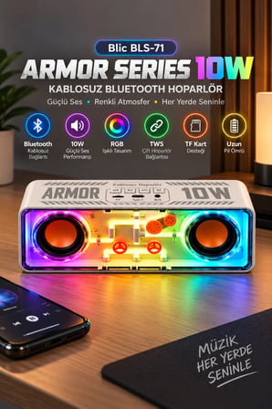 Blic BLS-71 Beyaz Armor Series 10W Kablosuz RGB Bluetooth Hoparlör TWS TF Kart Desteği