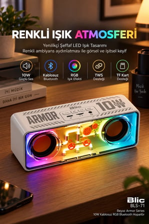 Blic BLS-71 Beyaz Armor Series 10W Kablosuz RGB Bluetooth Hoparlör TWS TF Kart Desteği