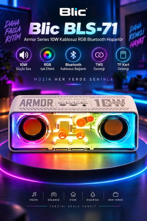 Blic BLS-71 Beyaz Armor Series 10W Kablosuz RGB Bluetooth Hoparlör TWS TF Kart Desteği