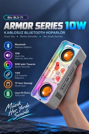 Blic BLS-71 Beyaz Armor Series 10W Kablosuz RGB Bluetooth Hoparlör TWS TF Kart Desteği