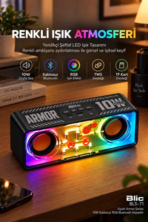 Blic BLS-71 Siyah Armor Series 10W Kablosuz RGB Bluetooth Hoparlör TWS TF Kart Desteği