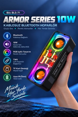 Blic BLS-71 Siyah Armor Series 10W Kablosuz RGB Bluetooth Hoparlör TWS TF Kart Desteği