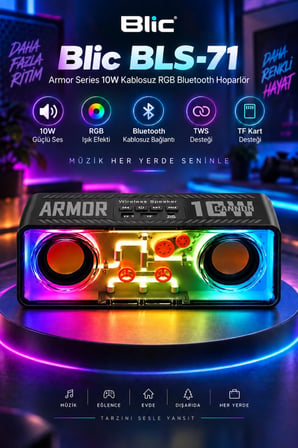 Blic BLS-71 Siyah Armor Series 10W Kablosuz RGB Bluetooth Hoparlör TWS TF Kart Desteği