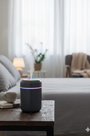 Siyah H2O USB Renkli Mini Hava Nemlendirici | LED Işıklı | 350ml Taşınabilir Oda ve Ofis Difüzörü