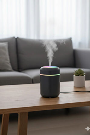 Siyah H2O USB Renkli Mini Hava Nemlendirici | LED Işıklı | 350ml Taşınabilir Oda ve Ofis Difüzörü