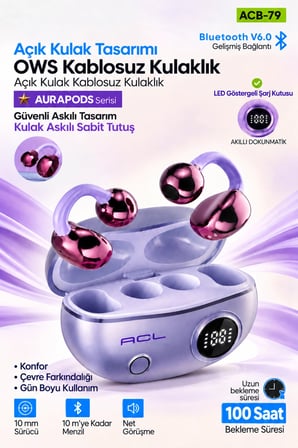 Acl ACB-79 Mor OWS Kablosuz Bluetooth Kulaklık Şarj Kutulu Açık Kulak Tasarım