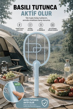 Glr USB-016 Mavi Şarj Edilebilir Sinek Raketi Type-C Girişli Sivrisinek ve Sinek Öldürücü Raket