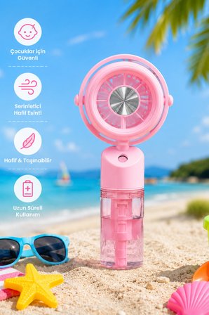 Glr K09 Pembe Şarjlı Sulu Mini Vantilatör 3 Kademeli Taşınabilir El Fanı, Nemlendiricili Buharlı Fan