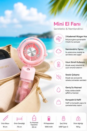 Glr K09 Pembe Şarjlı Sulu Mini Vantilatör 3 Kademeli Taşınabilir El Fanı, Nemlendiricili Buharlı Fan