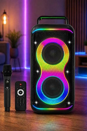 Hepu HP-S60 6000W Işıklı Karaoke Hoparlörü - Kablosuz Mikrofon Setli Parti Hoparlörü