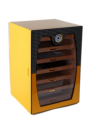 Cohiba Sarı-Gri Nokta Desenli 7 Çekmeceli Sedir Humidor Puro Kutusu - TR8793