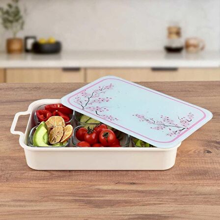 Tantitoni Sakura Garden Cam Kapaklı 6lı Cam Kaseli Melamin Saklama Kabı Kahvaltılık