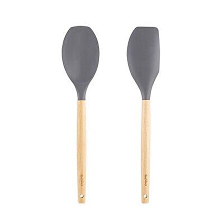 Tantitoni Bambu Saplı Gri Renkli Silikon Büyük Kaşık Ve Spatula Seti  (Elvin Home Concept)