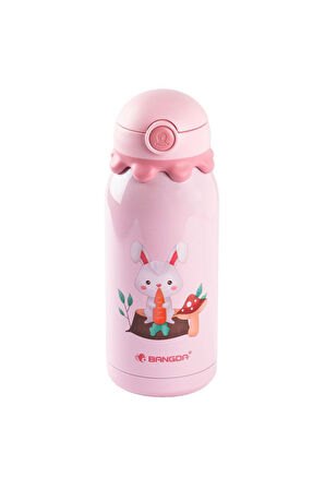 BANGDA PEMBE PASLANMAZ ÇELİK TAVŞAN DESENLİ ÇANTALI ÇOCUK TERMOSU 600ML