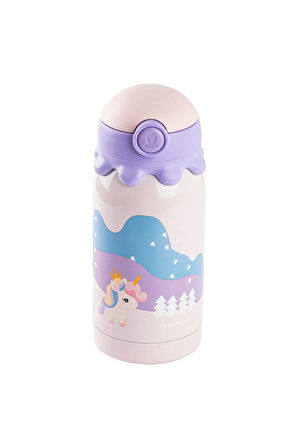 BANGDA PEMBE PASLANMAZ ÇELİK UNICORN DESENLİ ÇANTALI ÇOCUK TERMOSU 350ML