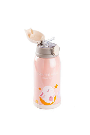 KAKE PEMBE TAVŞAN DESENLİ ÇİFT KAPAKLI ÇOCUK TERMOSU 600ML