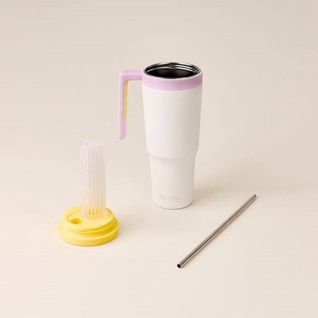 Tantitoni Pipetli Paslanmaz Çelik Termos Bardak - Beyaz / Mor - 1,2 lt
