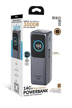Fullech FP34 140W Süper Hızlı Powerbank | 30000mAh Yüksek Kapasiteli | PD & QC 3.0 Destekli Akıllı Ekranlı Taşınabilir Şarj Cihazı