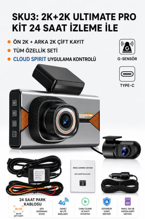 Harvox 2K Pro Akıllı Araç Kamerası - 4G SIM Kartlı, Çift Kameralı, GPS Takip & 24 Saat Park Modu