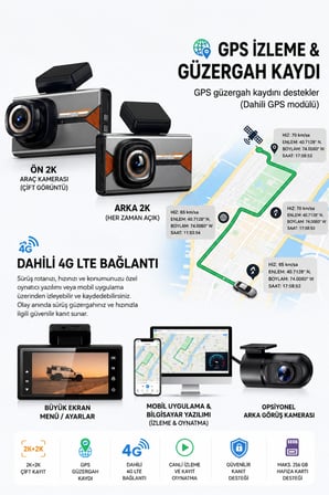 Harvox 2K Pro Akıllı Araç Kamerası - 4G SIM Kartlı, Çift Kameralı, GPS Takip & 24 Saat Park Modu