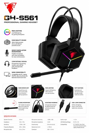 Jedel Gaming GH-561 RGB Işıklı Mikrofonlu Oyuncu Kulaklığı USB 50mm Sürücü