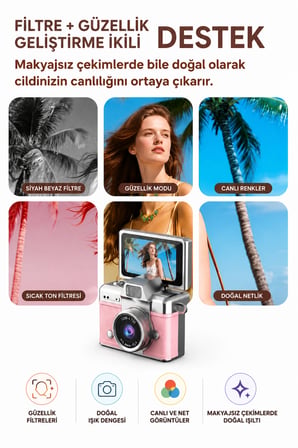 Cepaks Lk-027 Beyaz Retro Mini Dijital Fotoğraf Makinesi HD Video, Katlanabilir Ekranlı 48 Mp Flaşlı