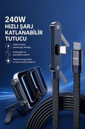 Hepu HP-ATC01 240W Type-C to Type-C Telefon Stantlı Örgülü Hızlı Şarj Kablosu 1.5m