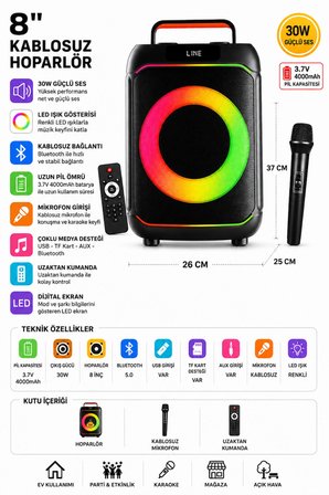 Blic BLS-80 30W Kablosuz Bluetooth Hoparlör  8 İnc LED Işıklı Karaoke  Parti Hoparlörü