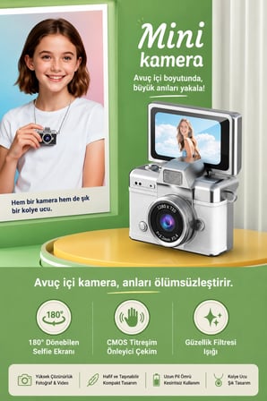 Cepaks Lk-027 Pembe Retro Mini Dijital Fotoğraf Makinesi HD Video, Katlanabilir Ekranlı 48 Mp Flaşlı