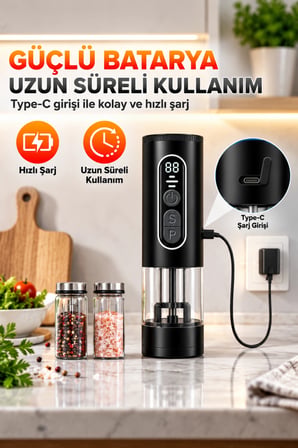 Auhma AHB-15 Akıllı LED Ekranlı Şarjlı Otomatik Tuz Karabiber Öğütücü 3 Hız Ayarlı Seramik Bıçaklı
